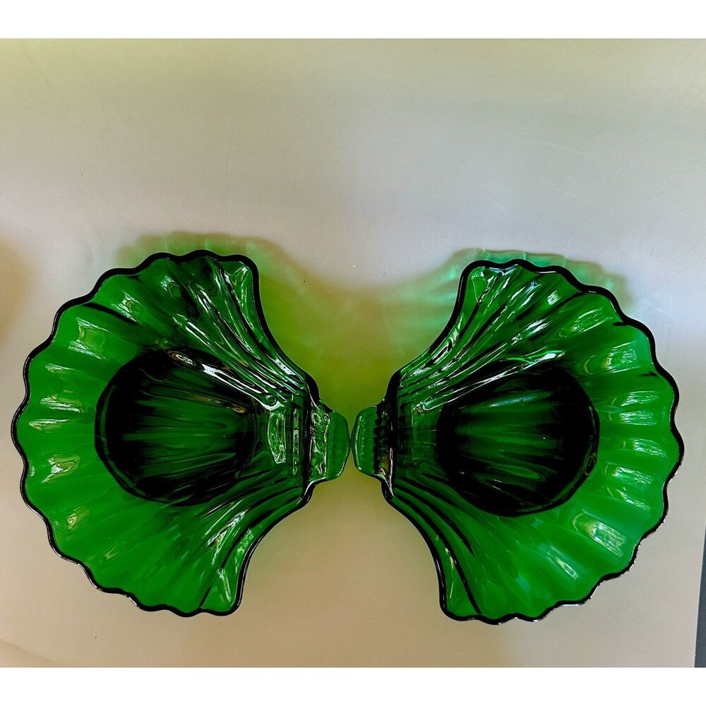 Pair Anchor Hocking Shell Emerald Green Glass Bowls Candy Dishes MCM Art Deco